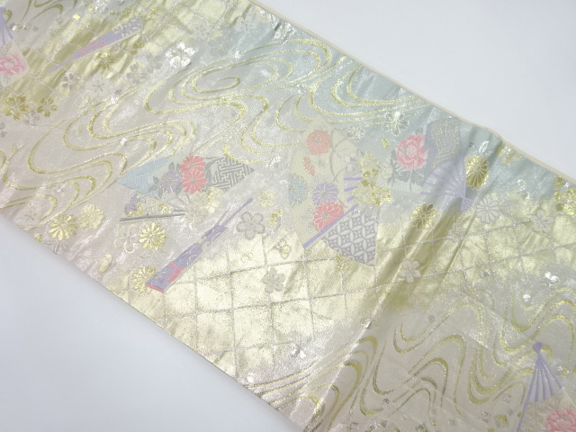 観世水に花扇・古典柄織り出し　袋帯